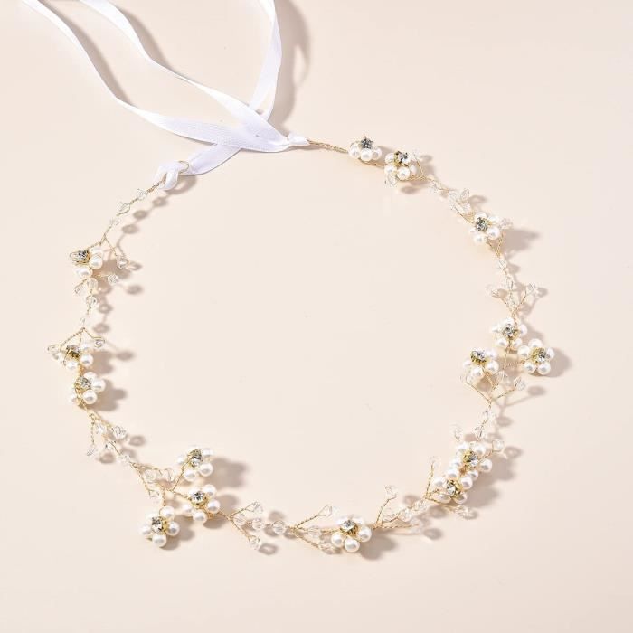 Serre Tete de Mariage Perle Bijou Cheveux avec Ruban Bandeaux de Mariage Accessoires Cristaux et Strass Couronne de Fleurs pou[43]
