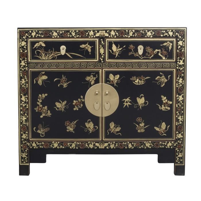 Fine Asianliving Buffet Chinois avec Papillons peints à la Main Onyx Noir L 90 x P 40 x H 80 cm
