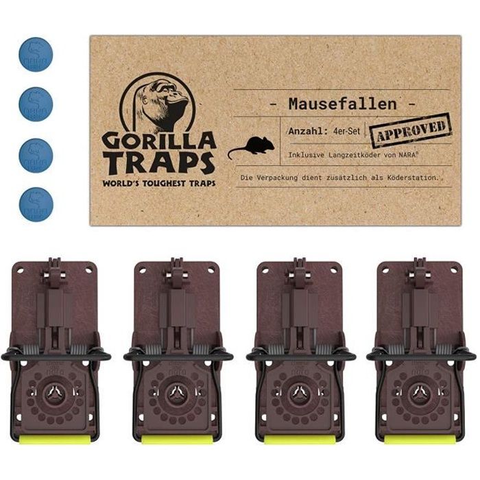 Gorilla Traps mausef tous les Lot de 4, avec longue durée Leurre de Nara®, emballage sert de protection Station