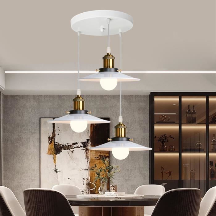 Rétro 3 Luminaires Suspensions Cuisine Sayoo Blanc Industrielle E27-Ø22cm Disque Métal Lustre Abat-jour plafonnier Decoratif Salon
