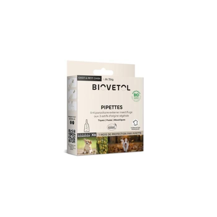 Meilleurs prix pour Pipettes Antiparasitaires Chien - Bio Certifié Ecocert - Anti-puces, Anti-Tiques - Chiot & Petit Chien (- de 15kg) -  6 x 1,5 ML