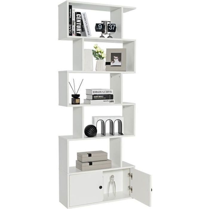 COSTWAY Bibliothèque à 6 Niveaux avec 2 Portes-70 x 23 x 183 CM-Étagère de Rangement en Bois Forme en S-Style Moderne-Blanc