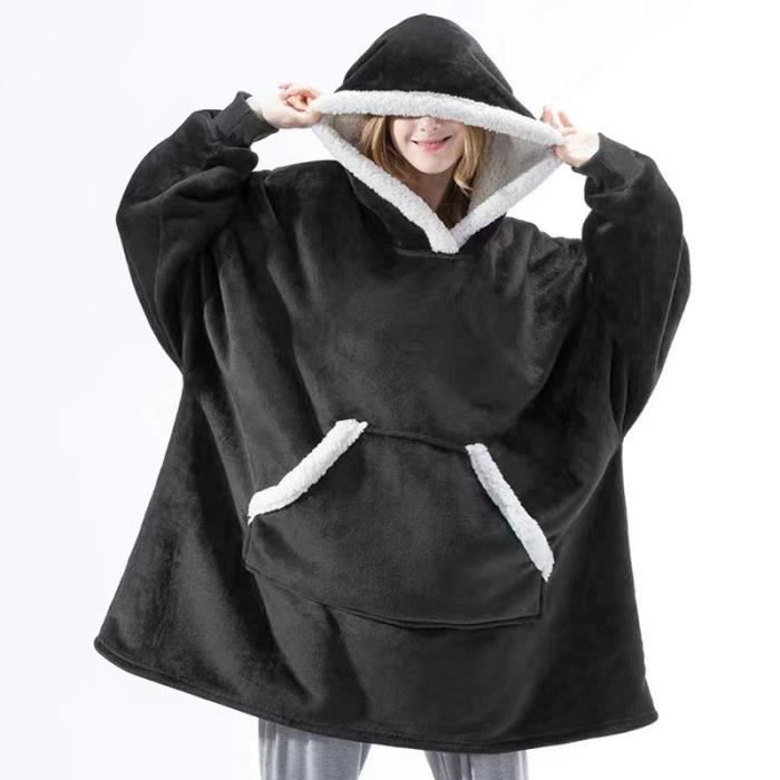 Plaid pull à manche longue avec capuche et poche Pullover Hoodie avec Poche Chaude Polaire 80x110cm Noir
