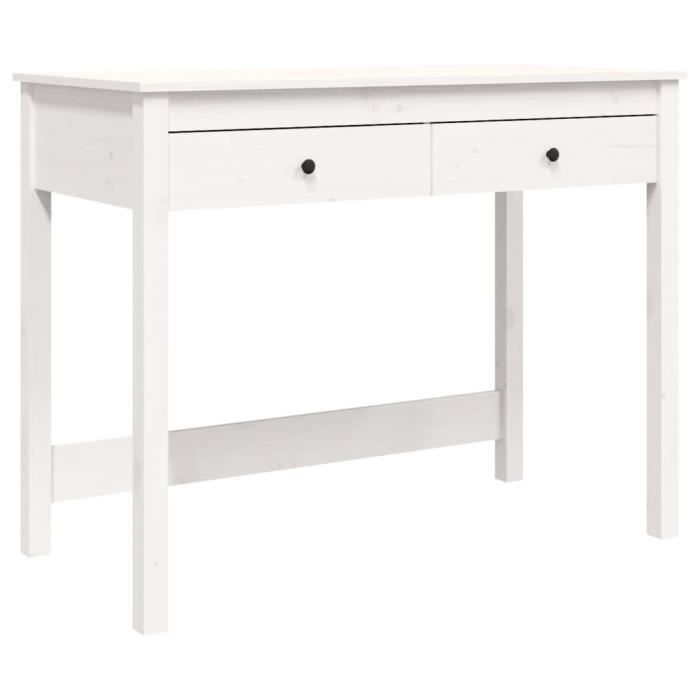 Bureau - GAROSA - 100x50x78 cm - Bois massif de pin - 2 tiroirs - Blanc