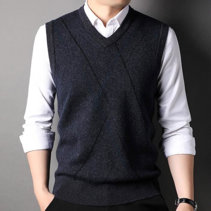 Pull Homme Sans Manches Col V - Gilet Tricoté Rembourré Doux Et Confortable