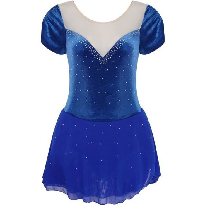 YIZYIF Femme Robe Patinage Artistique Manches Courtes Strass