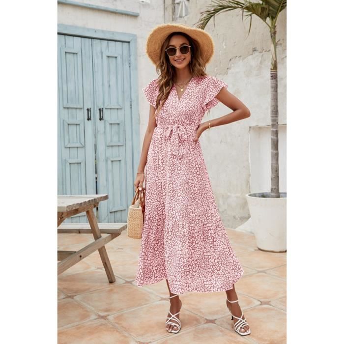 Robe ?� imprim?� boh?�me pour femmes avec manches volant?�es et ourlet pliss?� Rose Rose - Cdiscount 