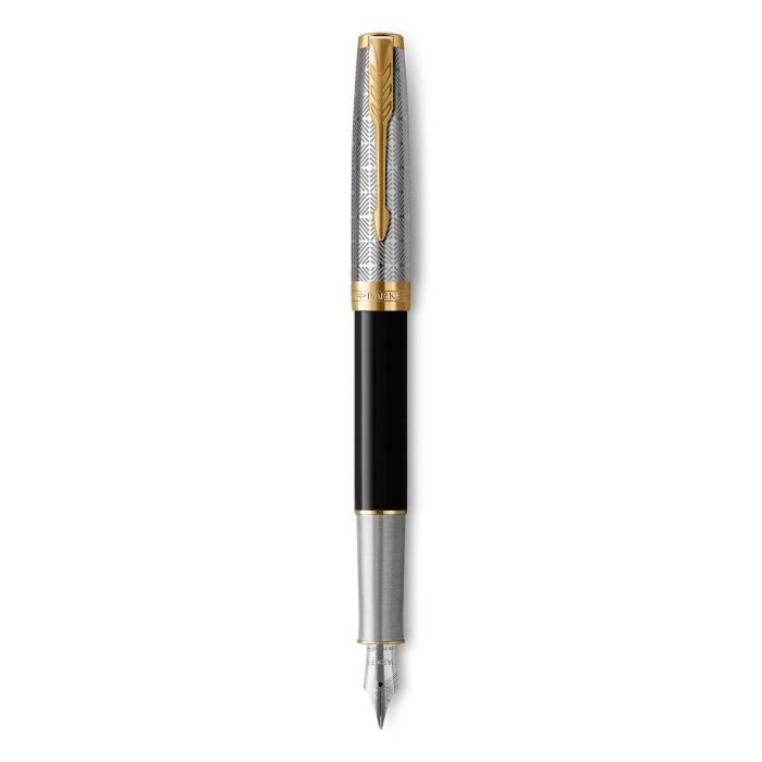 PARKER Sonnet Premium, stylo plume, Métal et Laque Noire, attributs plaqués or, Plume fine 18k, Coffret cadeau