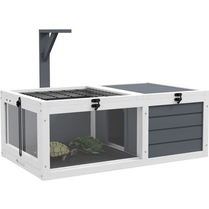 Comparer les prix de PawHut Maison enclos cage pour petit animal tortue avec 2 espaces, support de lampe 2 plateaux coulissants, 81 x 48 x 31,5 cm