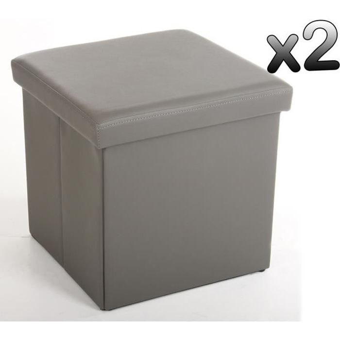 lot de 2 poufs carrés pegane - lilo - simili cuir - gris - 38x38x37.5 cm