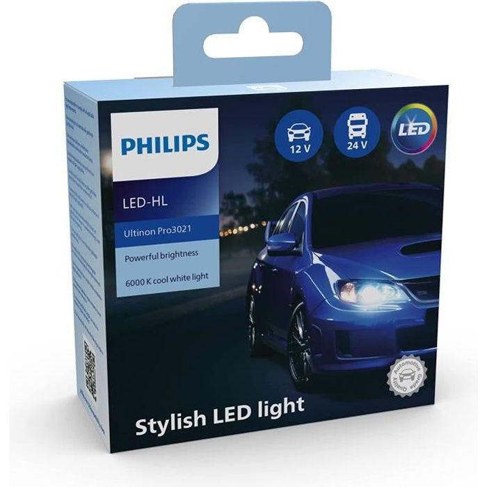Philips Ultinon Pro3021 LED ampoule de phare automobile (H4), lumière blanche et froide à 6.000K, set de 2