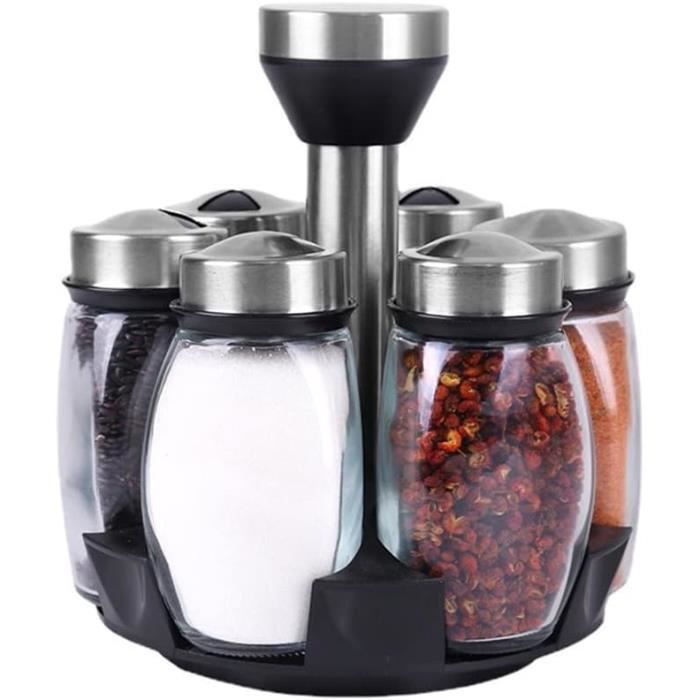Étagère à épices rotative avec 6 pots, organiseur à épices rotatif, pot d' assaisonnement en verre, boîte de rangement rotative multifonction pour la maison