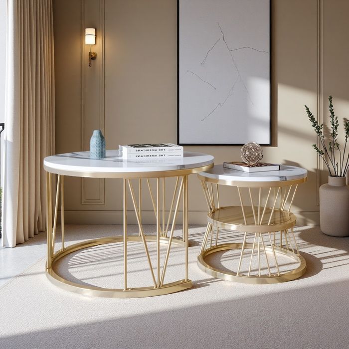 Table Basse Gigogne 2 Pièces Effet Marbre Et Métal Doré - Formes Ronde Et Ovale Séparables - Pour Salon Moderne