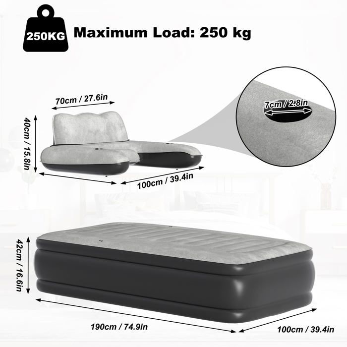UISEBRT Matelas Gonflable 1 Personne Avec Tête De Lit - Auto-Gonflant 250kg Camping Et Maison