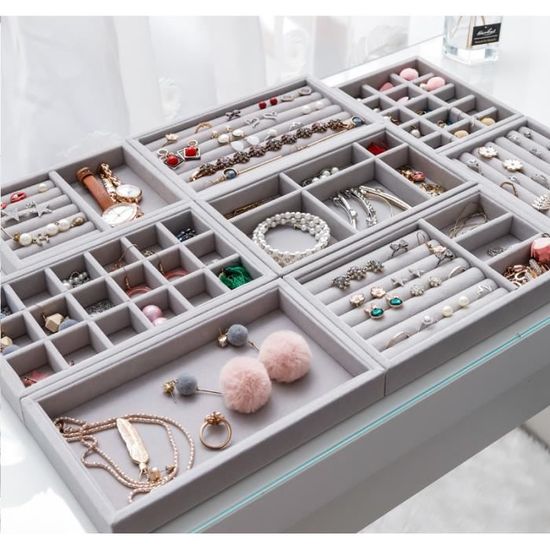Lot De 10 Plateaux à Bijoux Empilables – Organisateur Avec Compartiments – Pour Colliers, Bracelets, Boucles D’oreilles – Gris