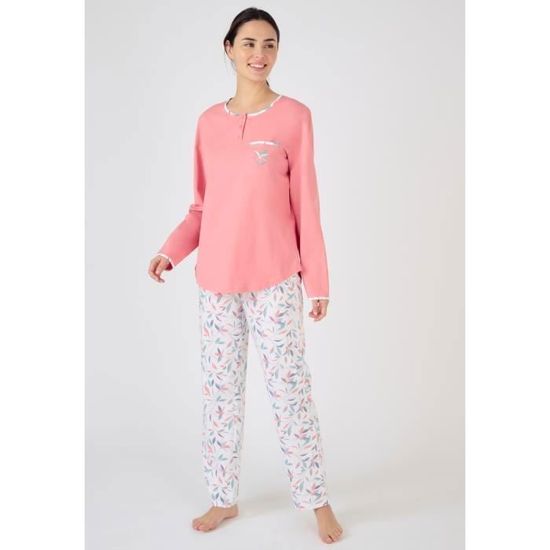 Pyjama femme Damart Lot de 2 pyjamas manches longues en maille jersey pur coton peigne Rose feuillage Rose feuillage Cdiscount Pret a Porter