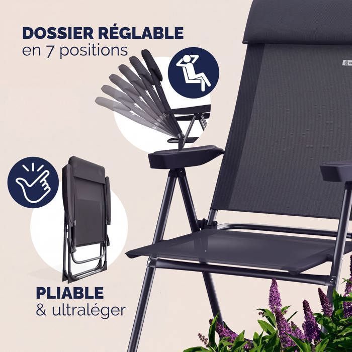 2 Chaises De Jardin Pliantes KESSER - Aluminium Avec Accoudoirs - 7 Positions - Textilène Résistant - Jusqu'à 150kg