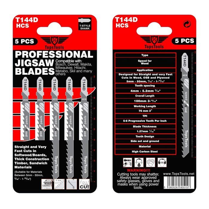 Lot De 25 Lames De Scie Sauteuse TopsTools T144D - Coupe Droite Et Ultra Rapide Dans Le Bois, Compatible Bosch, Dewalt, Makita, Milwaukee