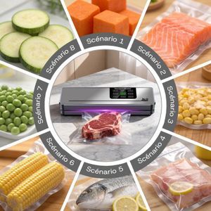 Machine Sous Vide Alimentaire MEKOTRIN 5 En 1 - Emballeur Sous Vide Avec Modes Sec Et Humide, 10 Sacs Et Tuyau Inclus, Idéal Cuisine Et Conservation (Blanc