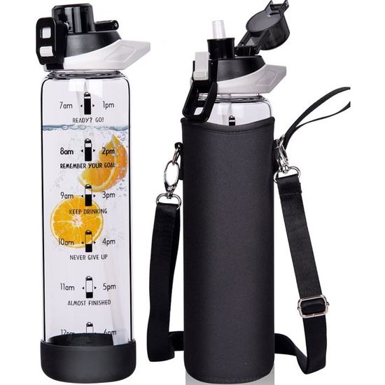 Gourde En Verre Borosilicate 1L Avec Paille - 2 Couvercles (bambou & Inox) - Sans BPA, étanche - Housse Néoprène Incluse - 9