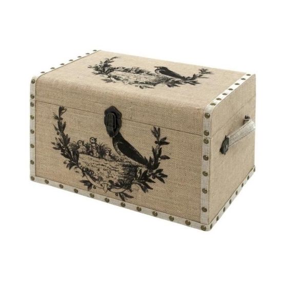 Coffre Malle De Rangement Bois Toile De Jute Oiseau 42x28x27 Cm
