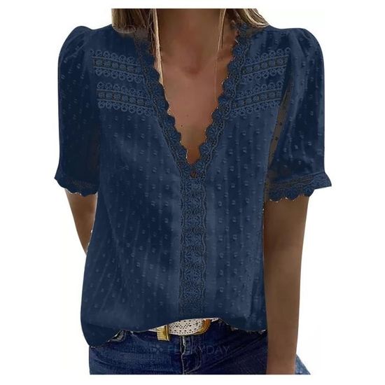 T-shirt Femme Manches Courtes Dentelle - Léger Et Confortable Pour L'été