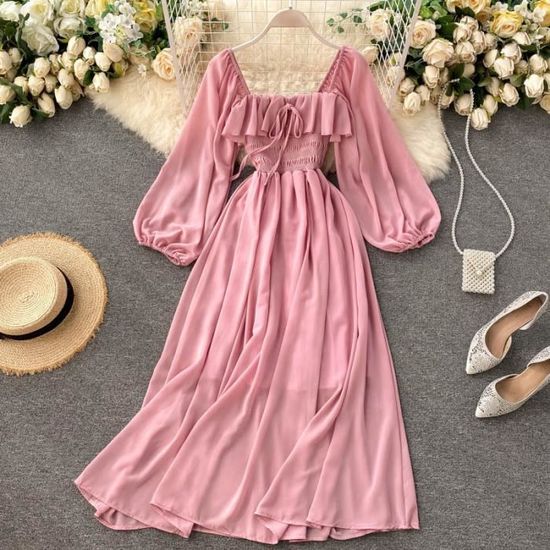 Robe longue elegante a encolure carree Robe en mousseline de soie de couleur unie pour femmes robe vintage a manches longues Rose Rose Cdiscount Pret a Porter