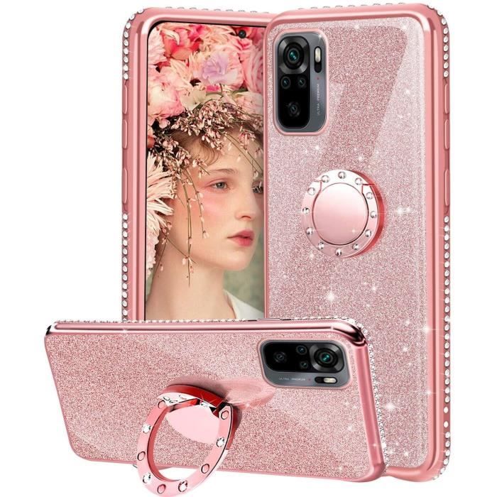 Coque Xiaomi Redmi Note 10 5G, Silicone Paillette Strass Brillante Bling Glitter de Housse avec 360 Degres Anneau Support, Ultra Sli