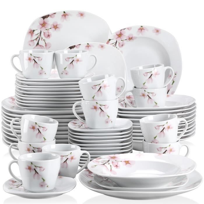 Veweet ANNIE 60pcs Service de Table Porcelaine Sakura 12pcs Assiette Plate / Assiette à Dessert / Assiette Creuse / Tasse / Soucoupe