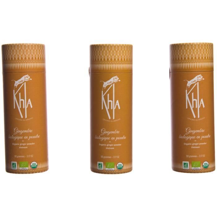 KHLA - Gingembre moulu bio - Poudre de Gingembre - Issu de l'Agriculture Biologique et du Commerce Equitable - Boîtes 3 x 90g