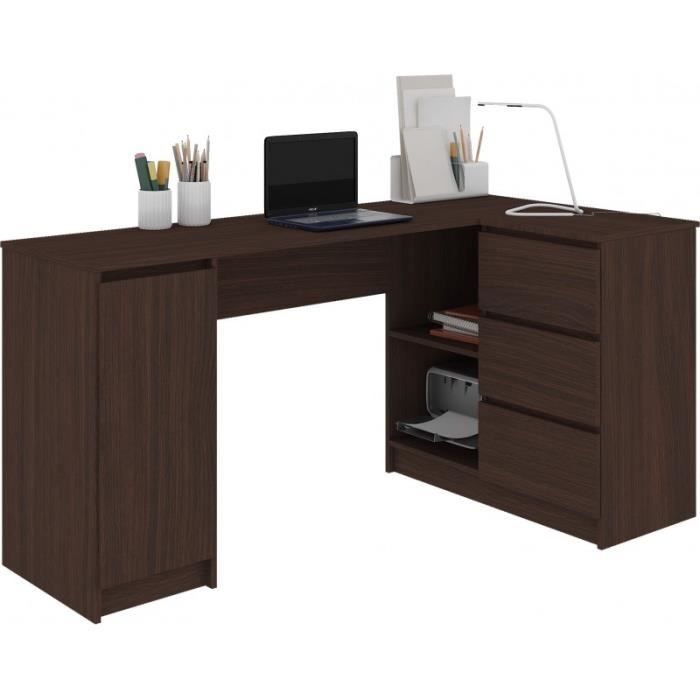 BALAUR | Bureau informatique d'angle contemporain 155x85x77cm | 3 tiroirs + niches | Table ordinateur multi-rangements | Wenge