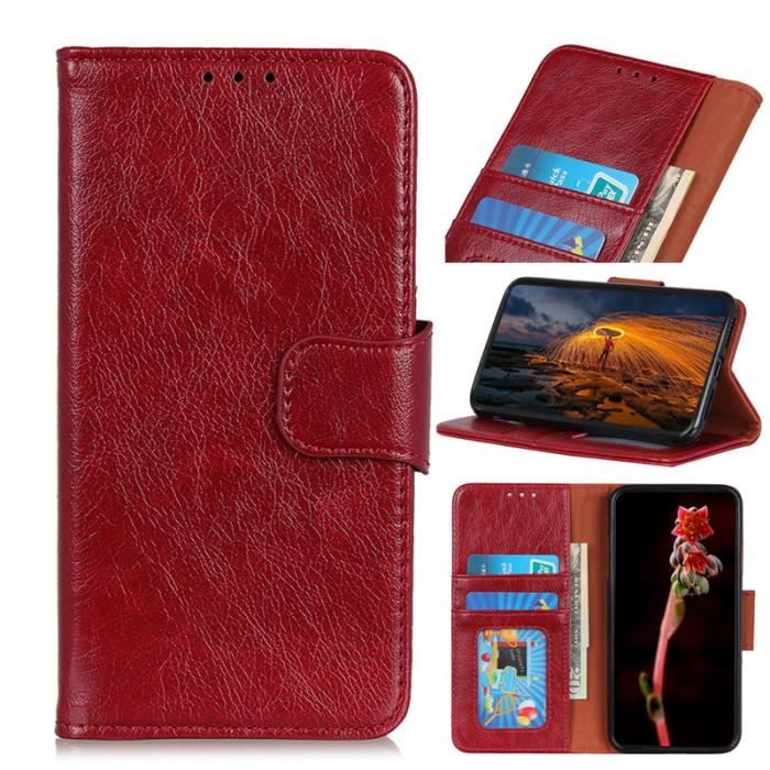 Étui Xiaomi Redmi 9, Portefeuille Silicone Cuir Nappa Supérieure Ultra-fin Support Housse Protection, Rouge