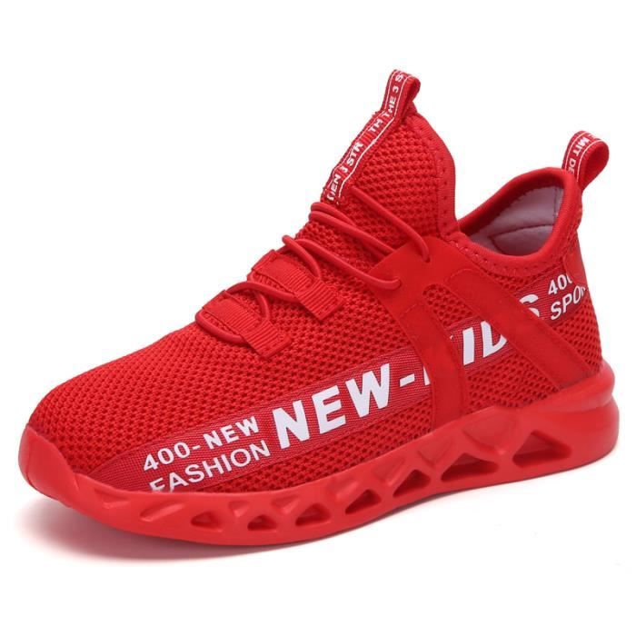 Chaussures de course de sport en maille pour enfants, légères et respirantes-rouge