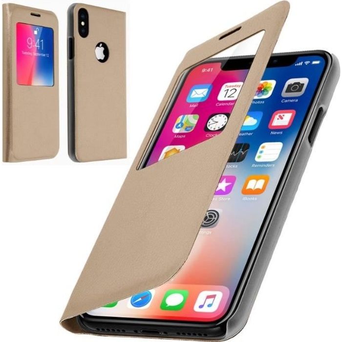 Coque iPhone XR Rabat Clapet Fenêtre Or