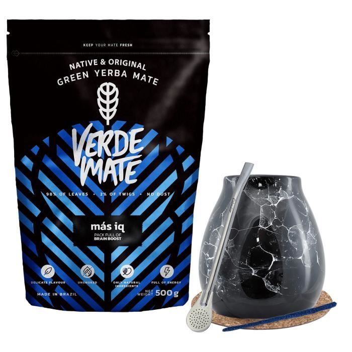 Yerba Mate Kit Verde Maté Mas IQ Fruits Tropicaux Non Fumé 500g + Noir Calebasse Mate 300 ml + Bombilla