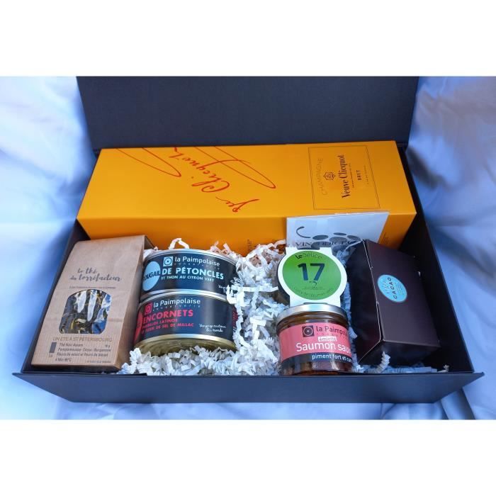 Coffret Gourmand Vinaddict - Champagne Veuve Clicquot 75cl, Tapas, Thé et Chocolats artisanaux, emietté de saumon sauvage, curry ver