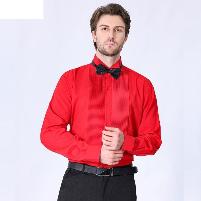 Chemise Homme Stretch Ceremonie Mariage Avec N ud Papillon Manches Longues Couleur Unie Rouge