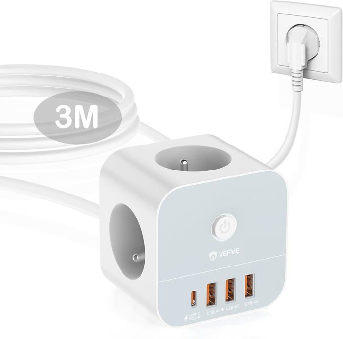 Prise Murale Multi TESSAN 6 En 1 - 3 Prises FR 1 USB-C 3A 2 USB-A 2.4A Avec Interrupteur 2500W Prise Multiple 3 Prises Usb-c 3a Tessan Cube