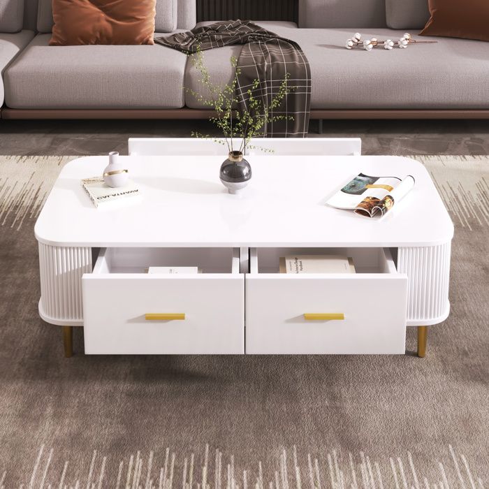 Table Basse Salon Moderne avec 4 Tiroirs de Rangement Poignées et Pieds Dorés 105x51x38cm Blanc