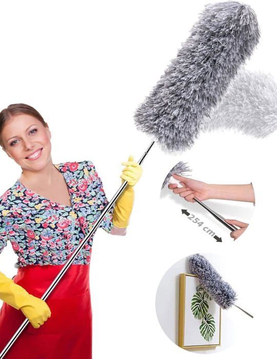 Plumeau Telescopique 254cm Tete de Loup Telescopique Microfibre Pliable Flexible Poignée en Acier Inoxydable Lavable Parfait
