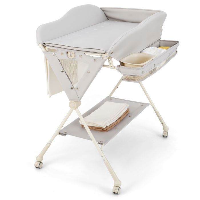 Table à Langer Bébé Pliable - DREAMADE - Baignoire - Roues Verrouillables - 3 Hauteurs Réglables - Panier de Rangement -Charge 11KG