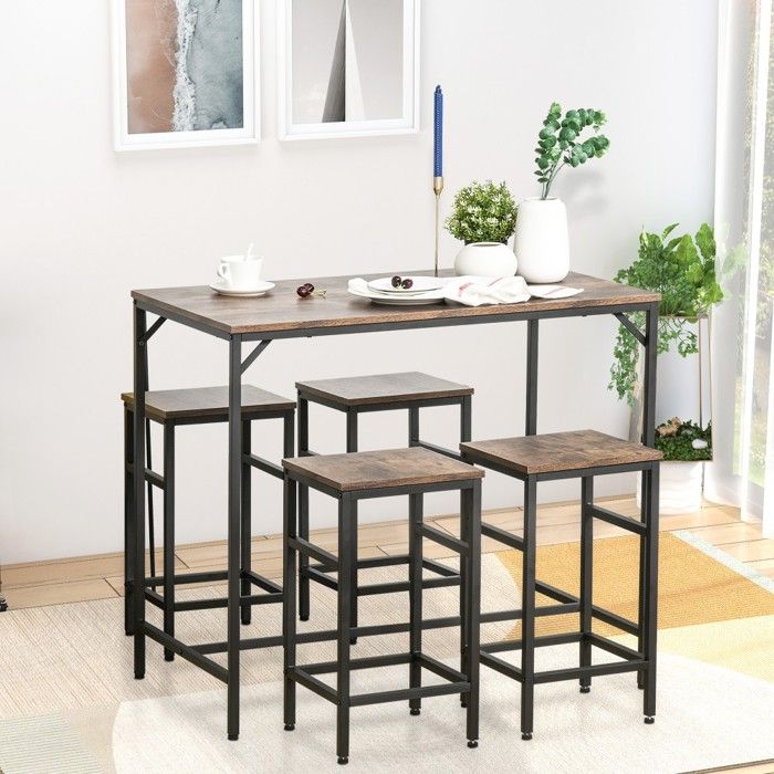 Table A Manger Avec Chaises Ens. table bar 4 tabourets + table cuisine 5p aggloméré/acier marron rustique/noir 100x60x88cm