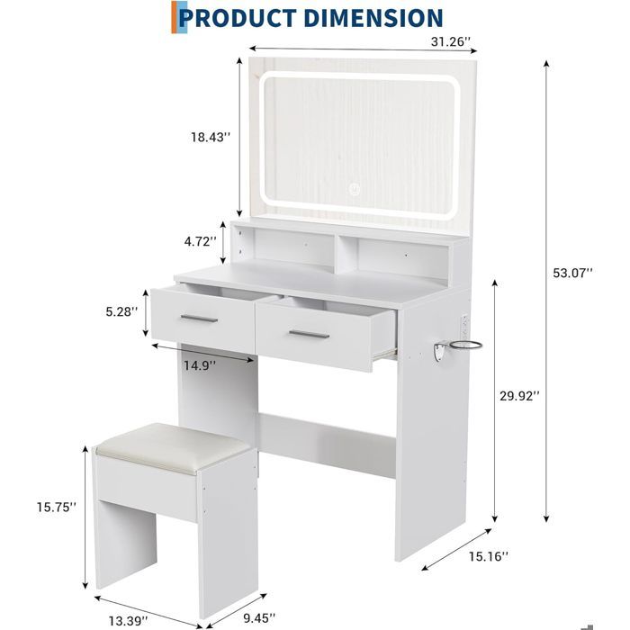 Coiffeuse avec LED miroir et tabouret Blanche-AFFI-2 TIROIR-Table de maquillage-80 X 38.5 X 134CM