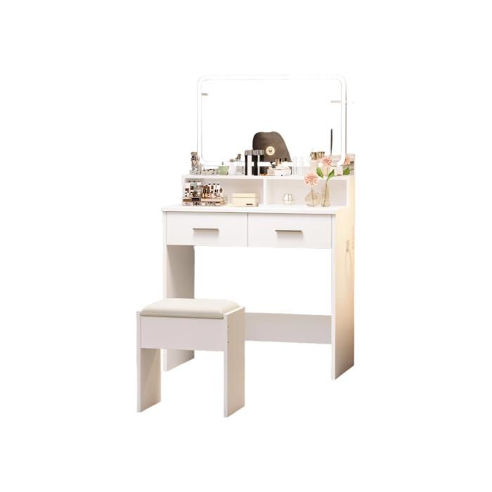 Coiffeuse avec Miroir et Tabouret- Blanche-HOERFURIY-2 TIROIR-Table de maquillage-80 X 38.5 X 134CM