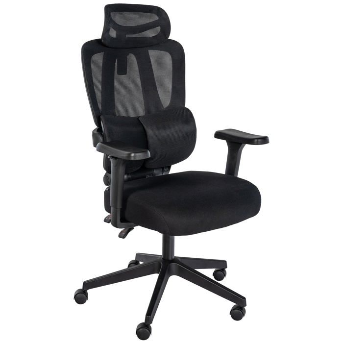 Chaise de bureau avec soutien lombaire appui tête reglable accoudoirs en tissu noir cadre plastique 10_0006904