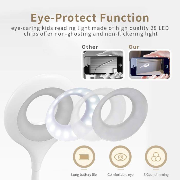 Lampe Bureau rechargeable LED 28 LED 3 teintes + 3 niveaux. Pince pour lit/chevet tactile enfant. Blanc