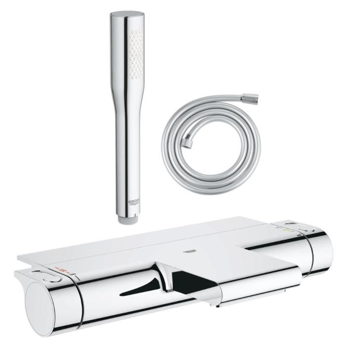 Grohe Pack mitigeur bain thermostatique Grohtherm 2000 + Douchette 1 jet Vitalio Get Stick + Flexible