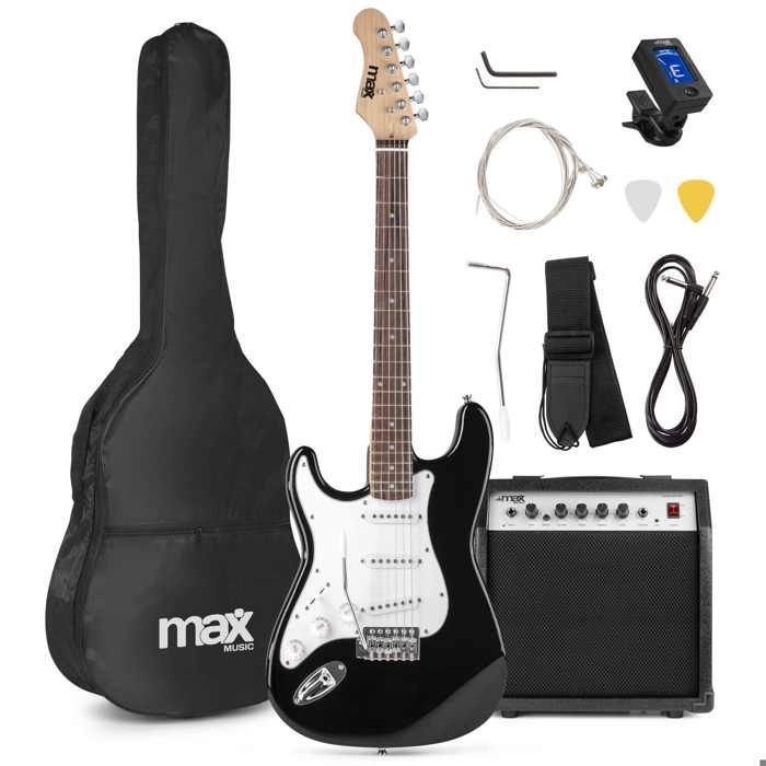 MAX GIGKIT Guitare Électrique Gaucher Noire : Le Pack Complet Débutant Idéal pour Apprendre à Jouer Rapidement (Ampli 40W Inclus)