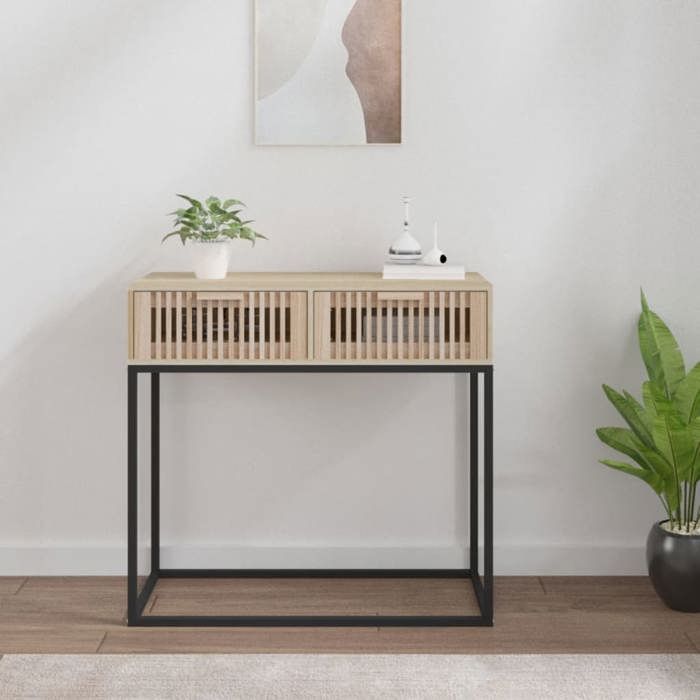 Table console bois et fer - vidaXL - 80x30x75 cm - Brun - 2 tiroirs - Pieds en métal - Bois dingénierie