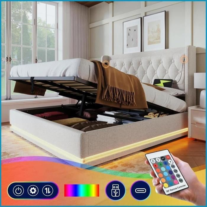 Lit Double 180x200 cm - Coton Beige - Tête Rembourrée + Rangement Hydraulique + USB-C + LED 3 Côtés